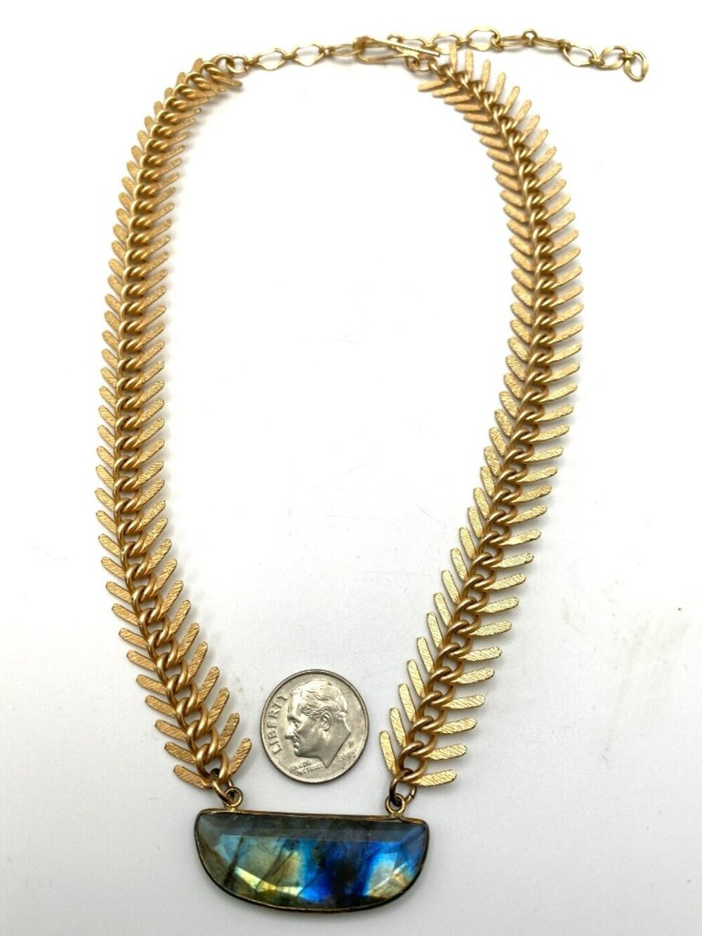Swara Labradorite Necklace Fishbone Artisan Handmade Brass 14k Gold Plated - Picture 7 of 7